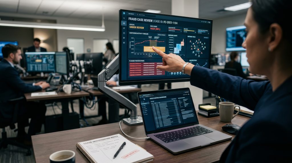 Analyst reviewing a fraud alert dashboard